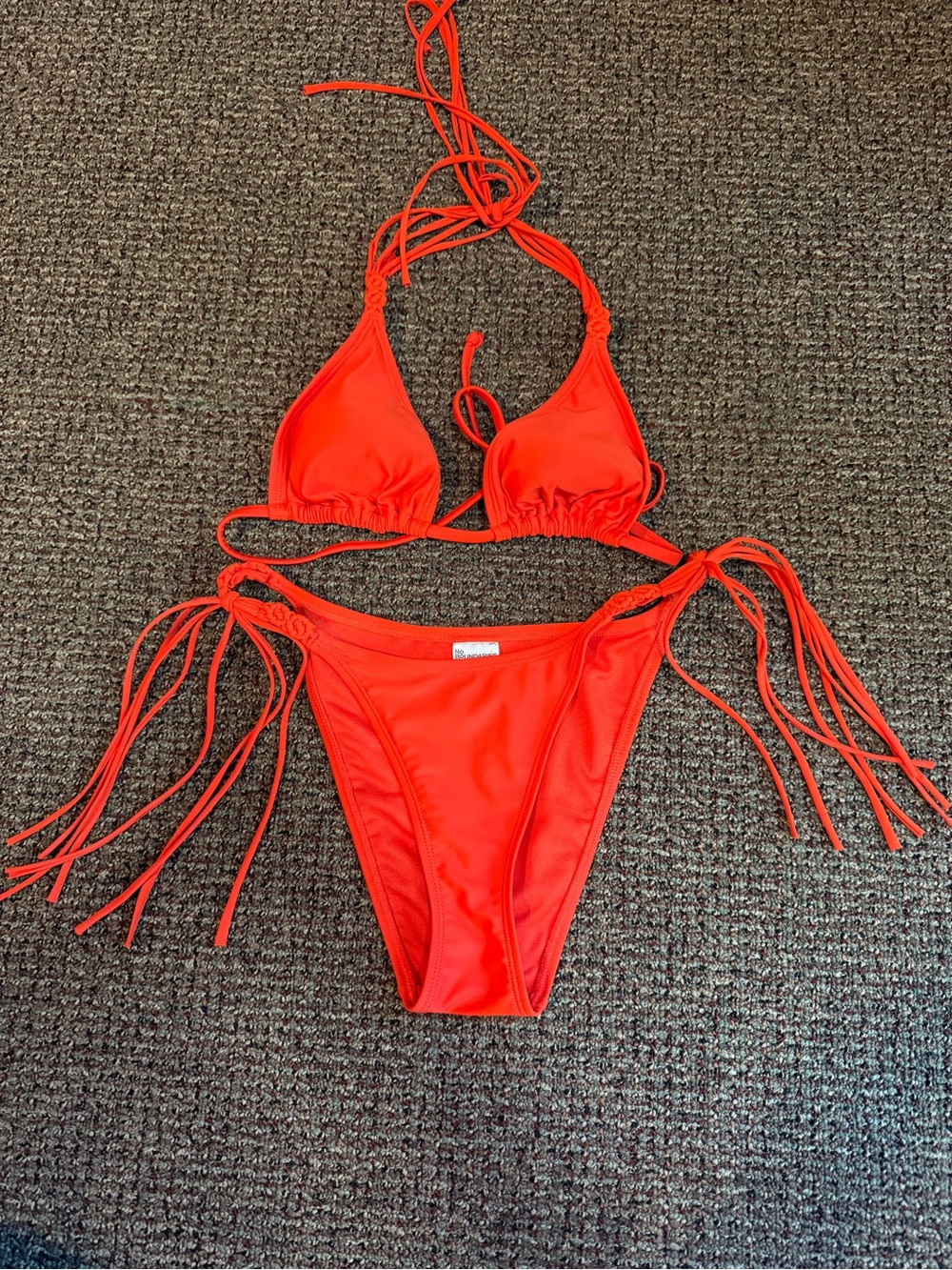 No Boundaries Red Fringe Tie-Side Triangle Bikini